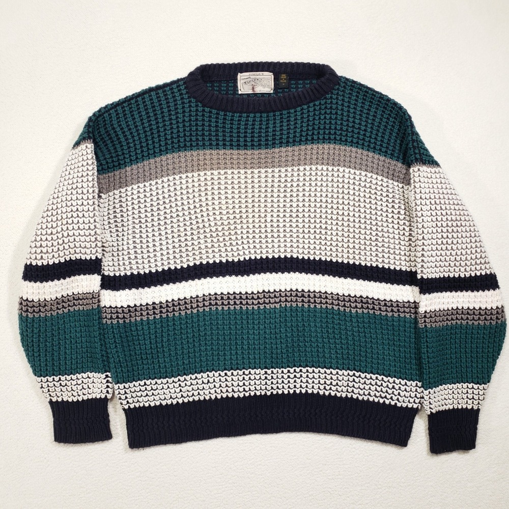 Donegal II Sweater Men Medium Teal Gray White Striped Hand Loomed Cotton Ireland